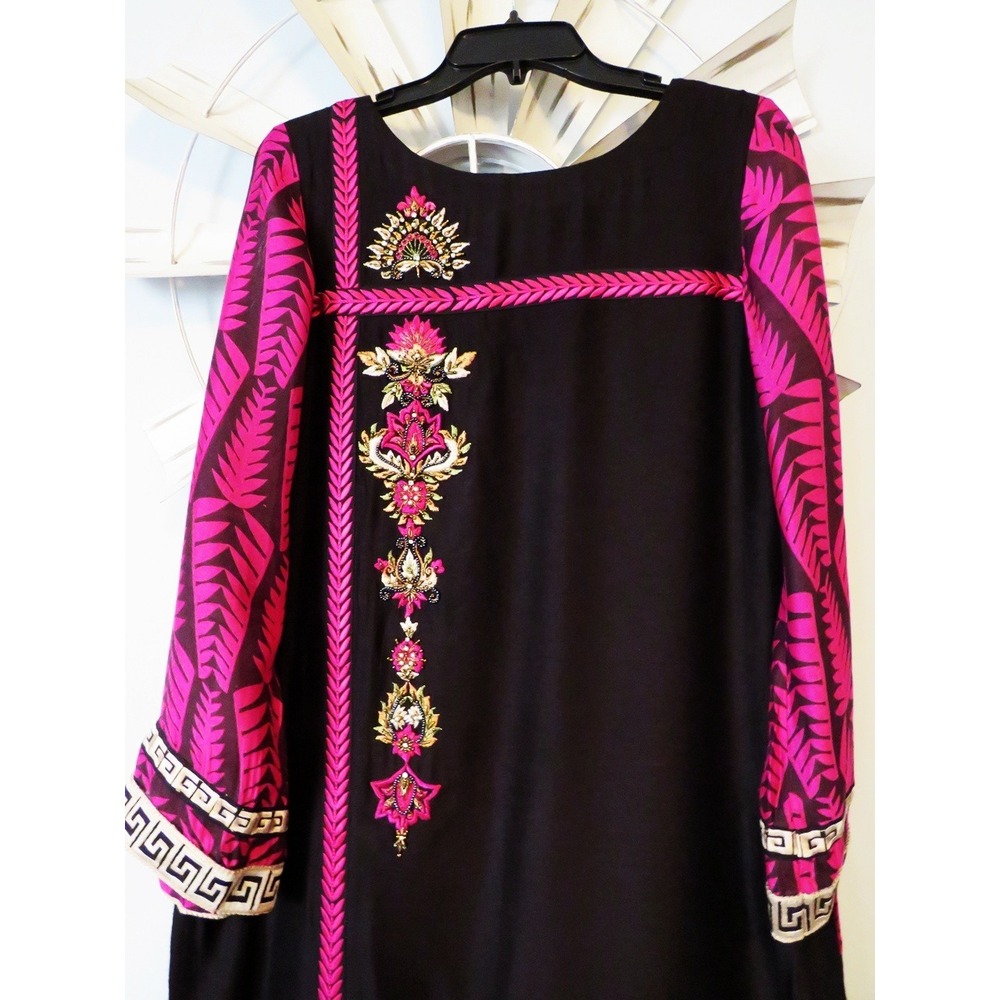 Embroidered Kaftan Maxi Dress –Beaded Floral Trim, Side Slits, Boho Ethnic Style - Picture 3 of 16